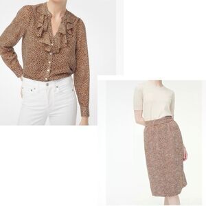 J. Crew Women's  SET 2 piec  brown Polka Dot  Up Ruffle Blouse  and skirt  SZ XS